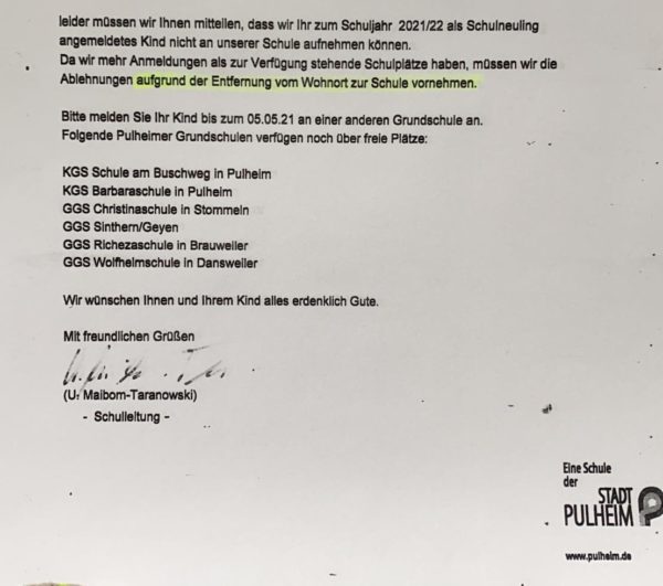 Ablehnendes Schreiben der Horionschule an eine Pulheimer Familie